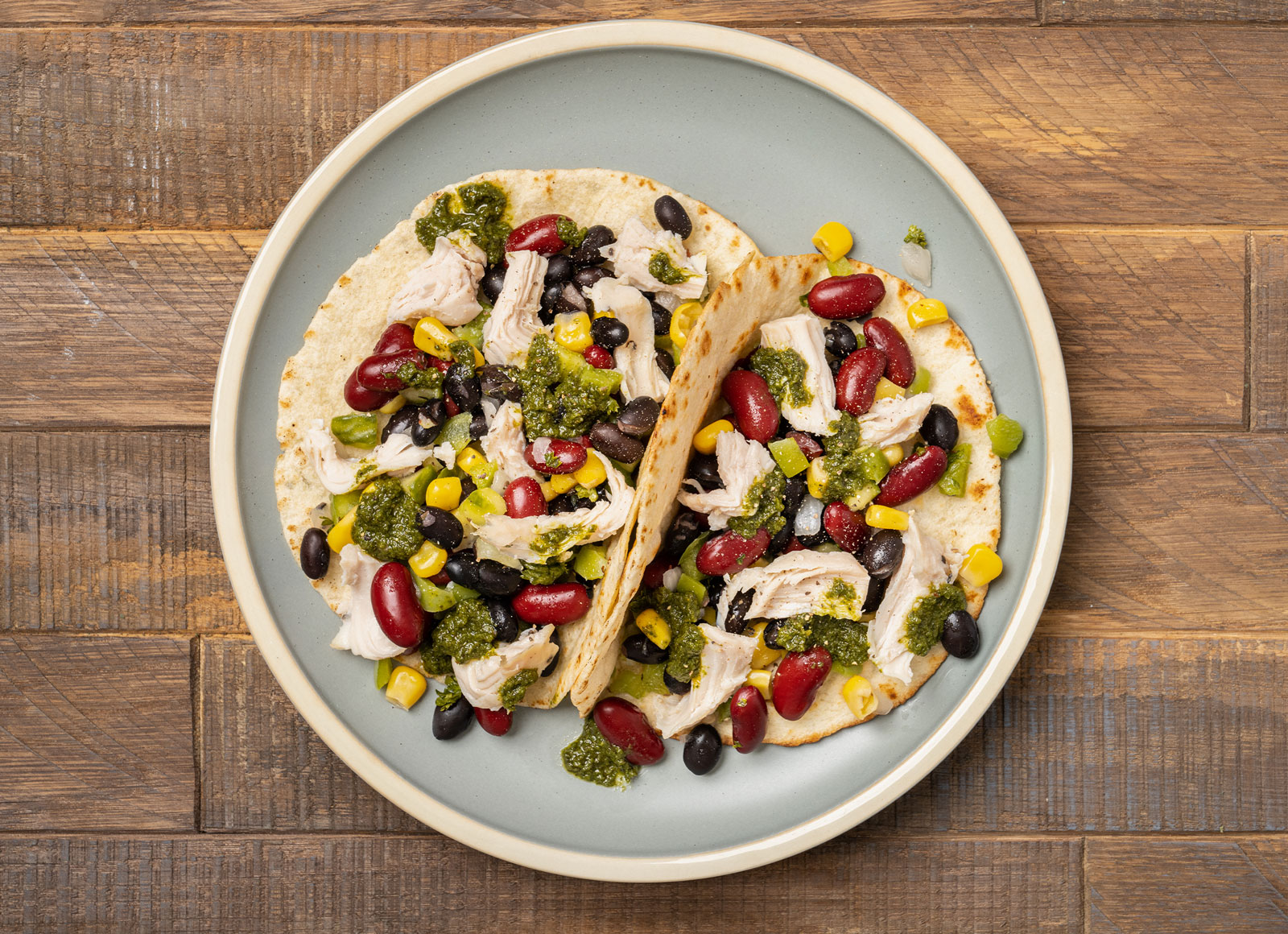 Chimichurri Chicken + Cucumber Corn Black Bean Salad Tacos