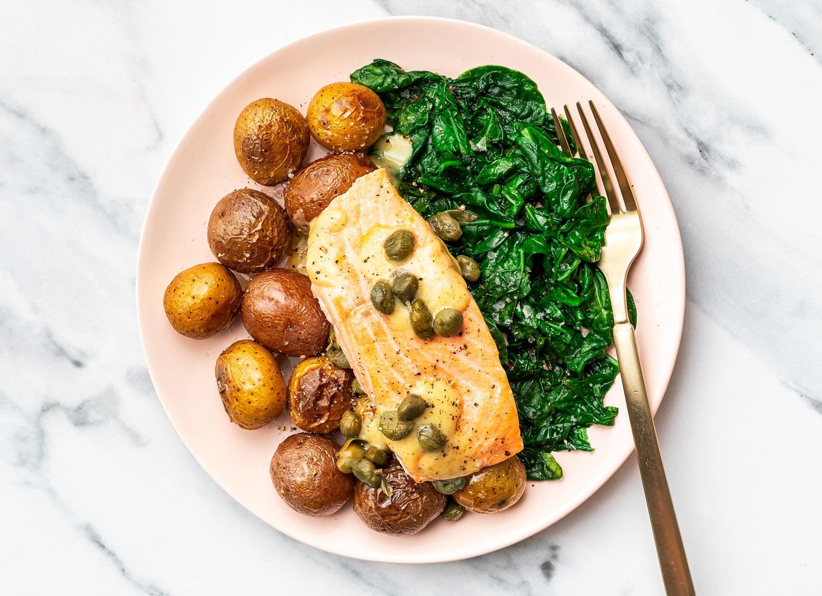 Roasted Salmon with Creamy Caper Dressing with Baby Spinach