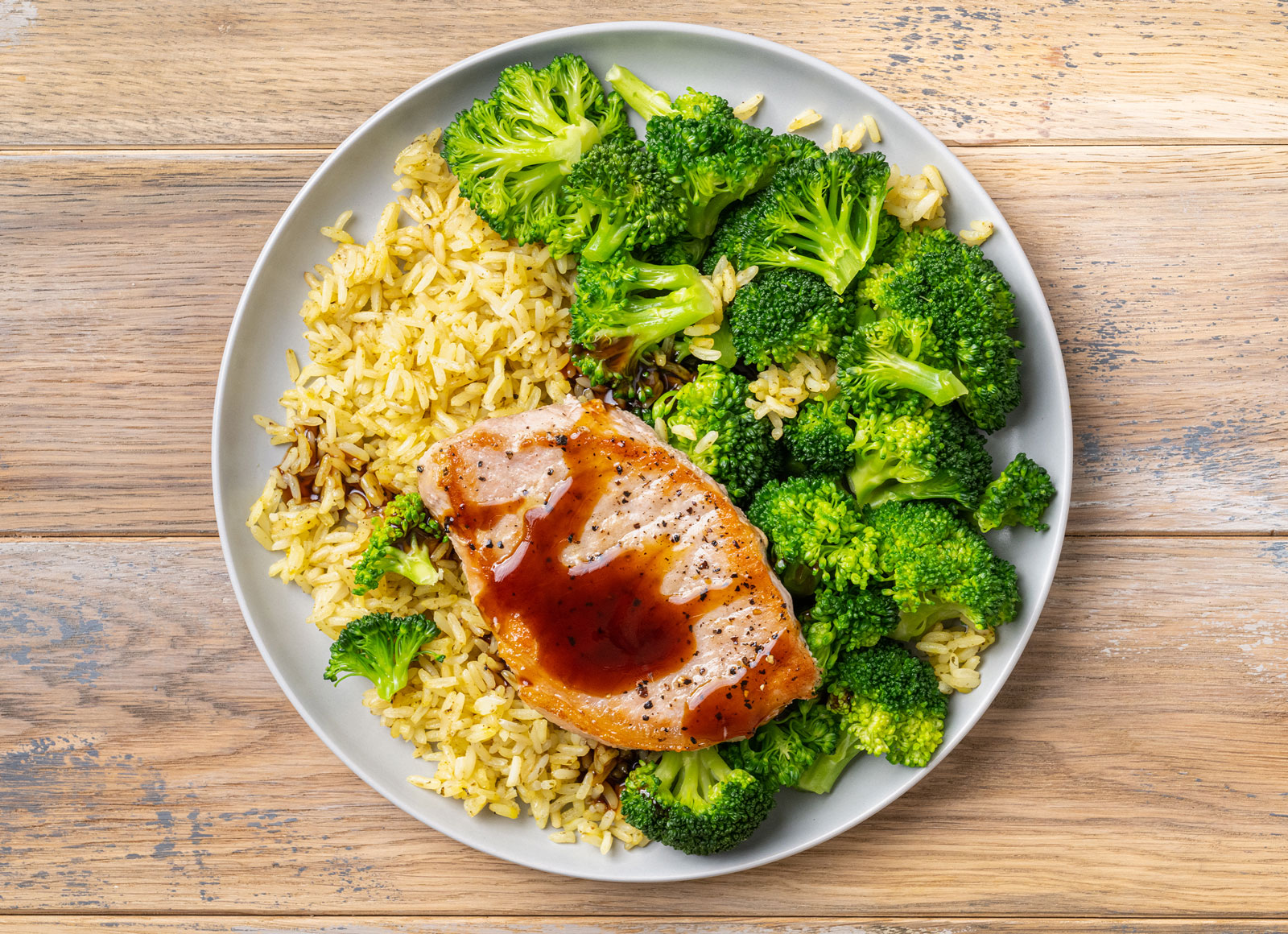 Teriyaki Pork Chop with Broccoli + Rice