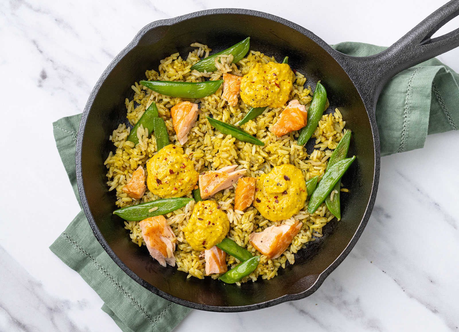 Stir-Fried Coconut Curry Salmon + Pea Snaps