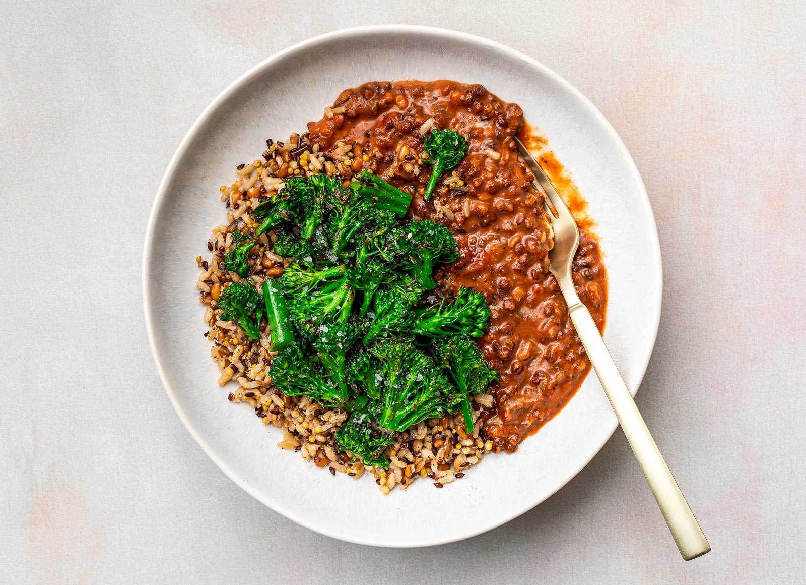 Cozy Sweet Baby Broccoli Black Lentil Dal over Grains