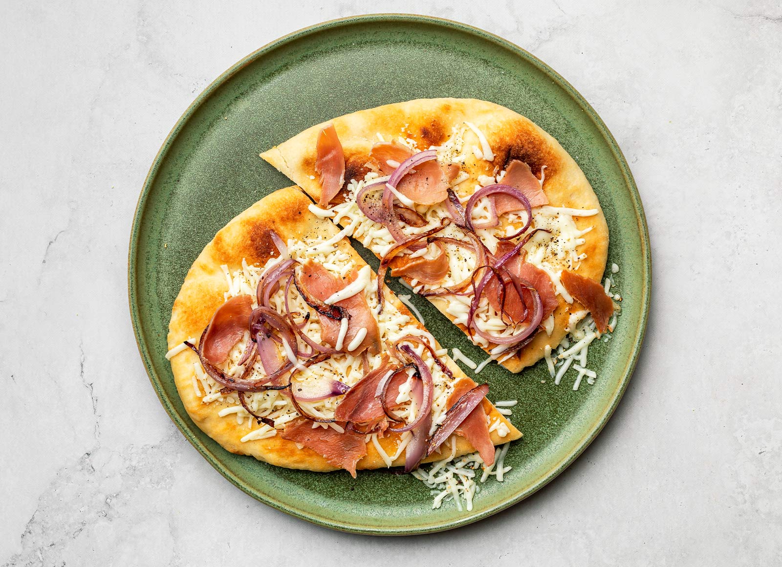 Prosciutto + Carmelized Onion Flatbread with Shredded Mozzarella Cheese