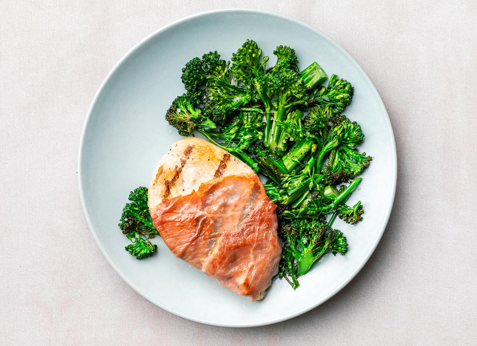 Prosciutto Wrapped Seasoned Grilled Chicken Breast + Broccoli