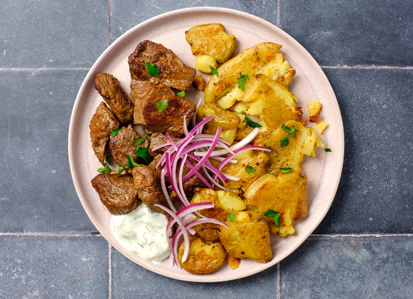  Taverna-Style Beef Tips + Smashed Multicolored Creamer Potatoes