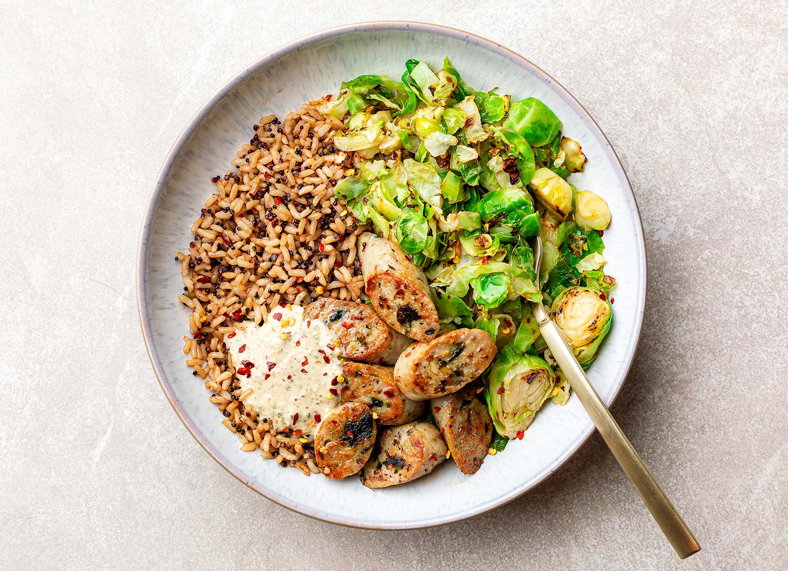 Garlicky Chicken Sausage + Brussels Rice Bowl