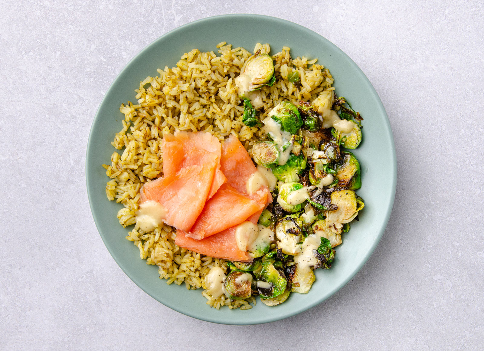 Smoked Salmon + Brussels Jasmine Rice Bowl