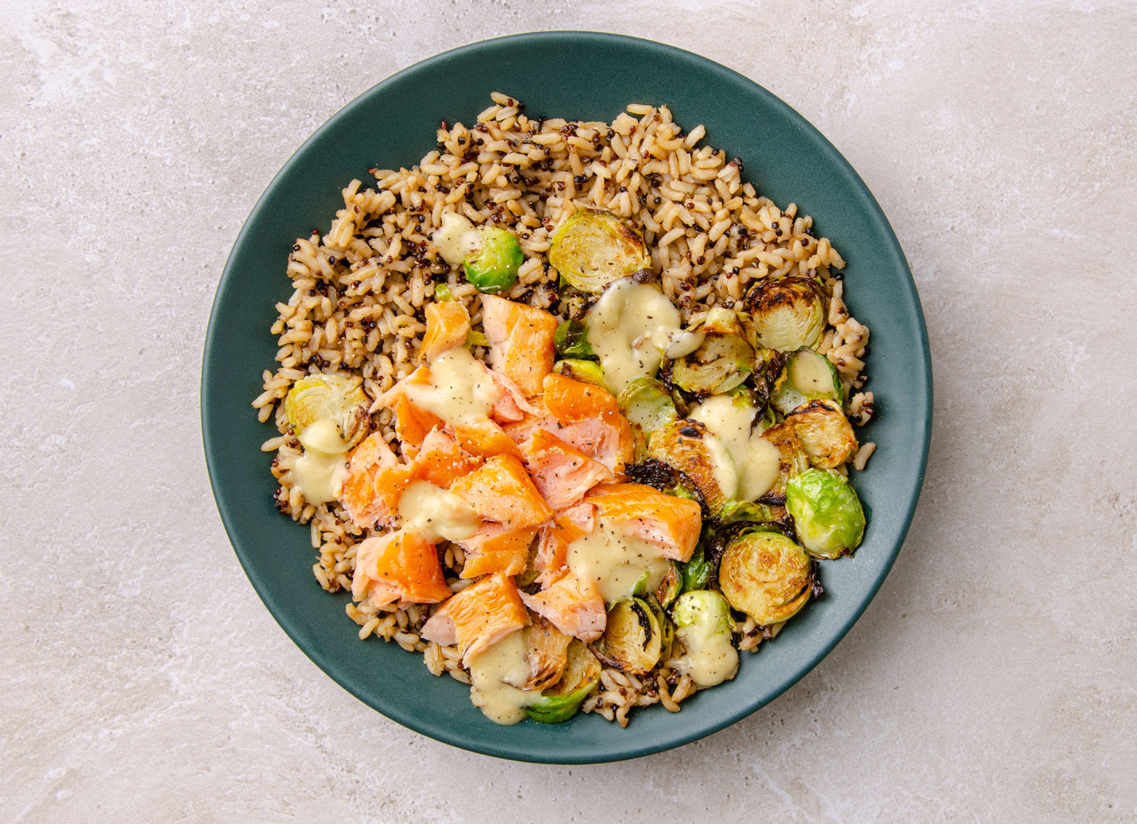Roasted Salmon + Brussels Brown Rice Bowl