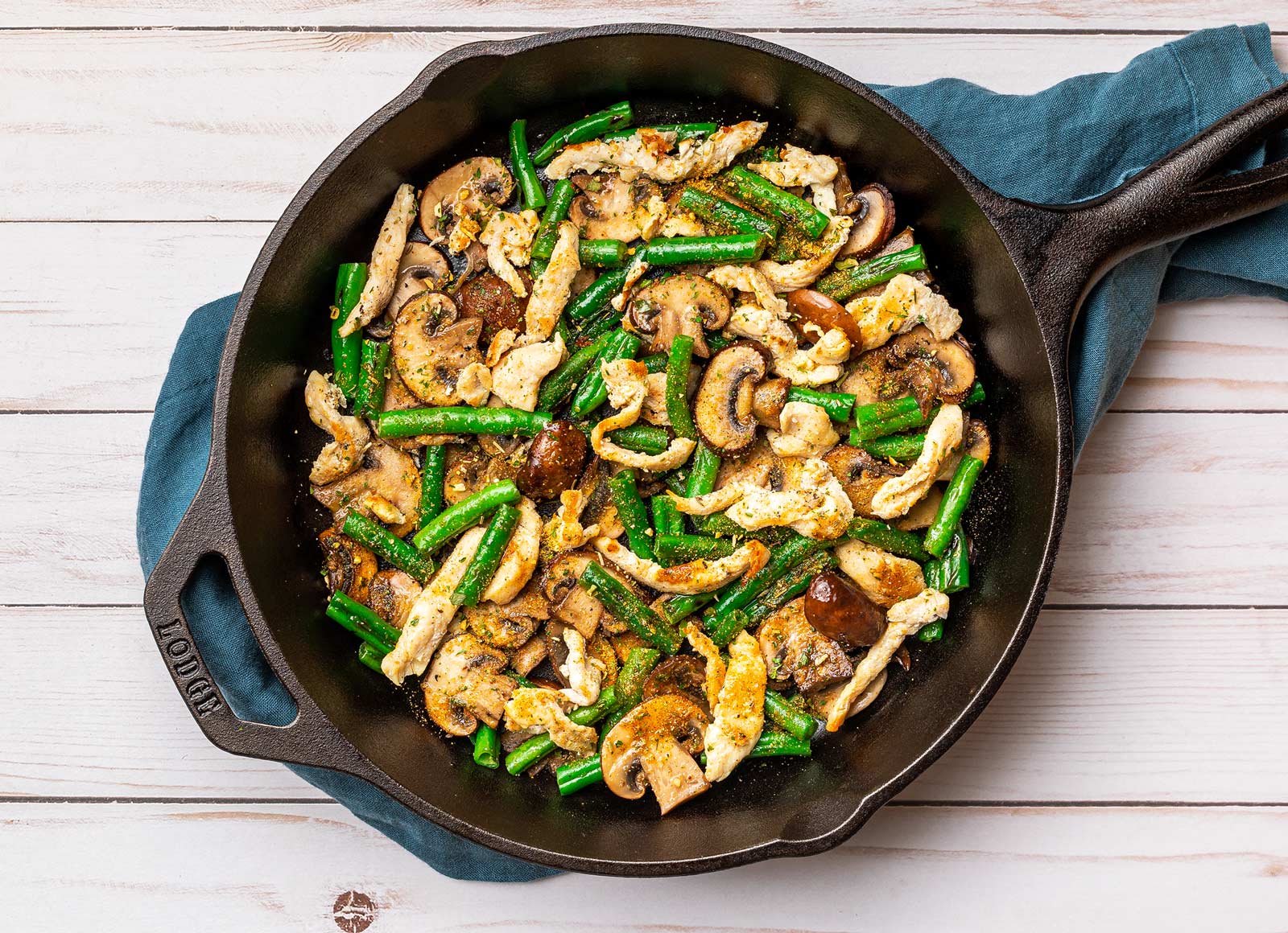 Garlicky Chicken Strips with Mushrooms + Green Beans