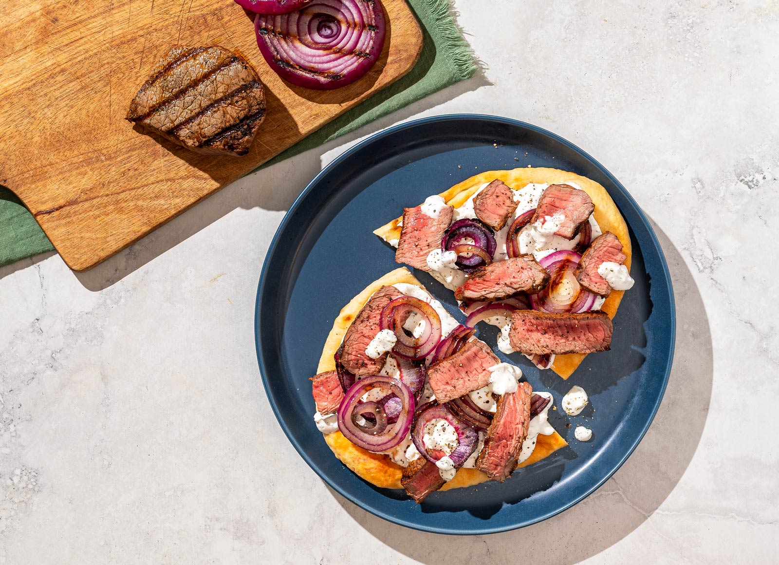 Grilled Tzatziki Steak Flatbread with Traditional Naan