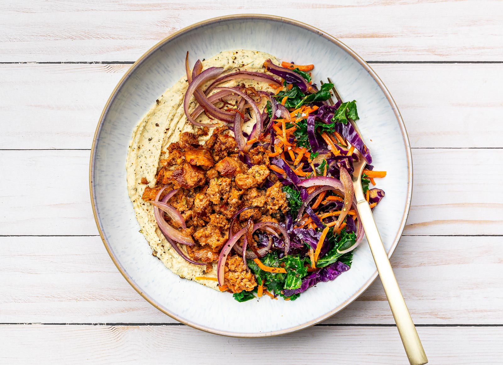 Hot Sausage + Rainbow Veggie Hummus Bowl