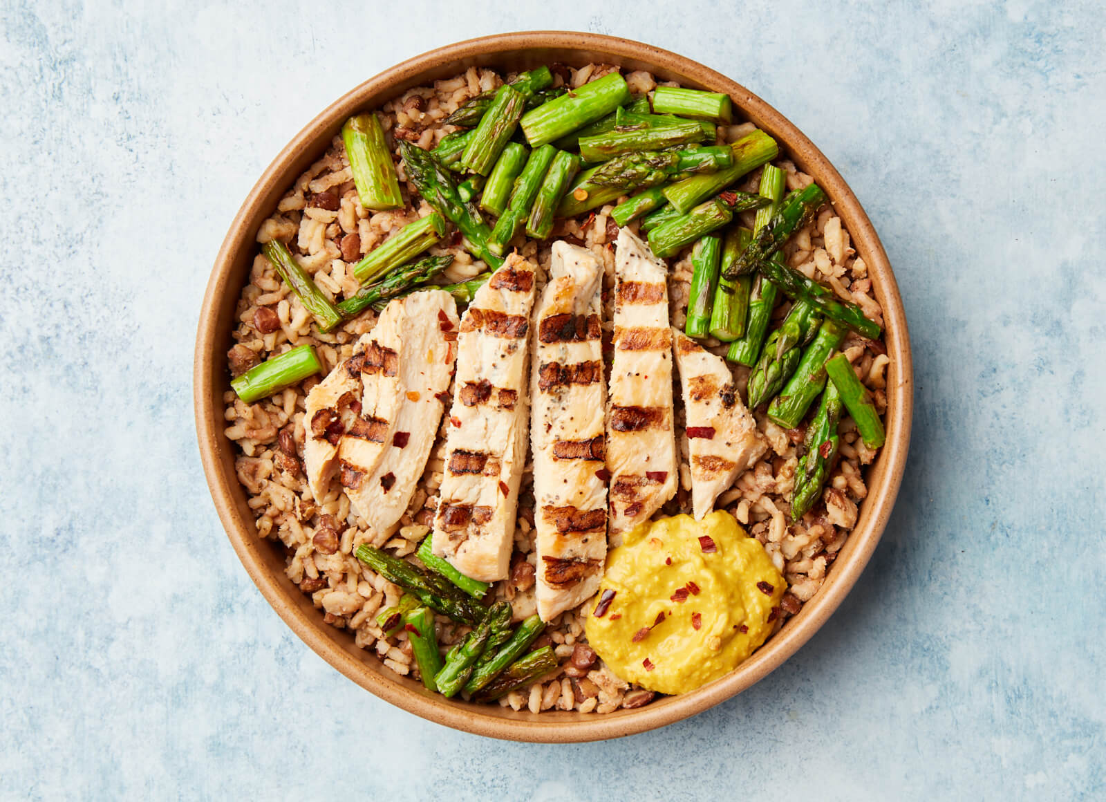 Grilled Curry Chicken + Asparagus over Lentil Quinoa Rice Mix