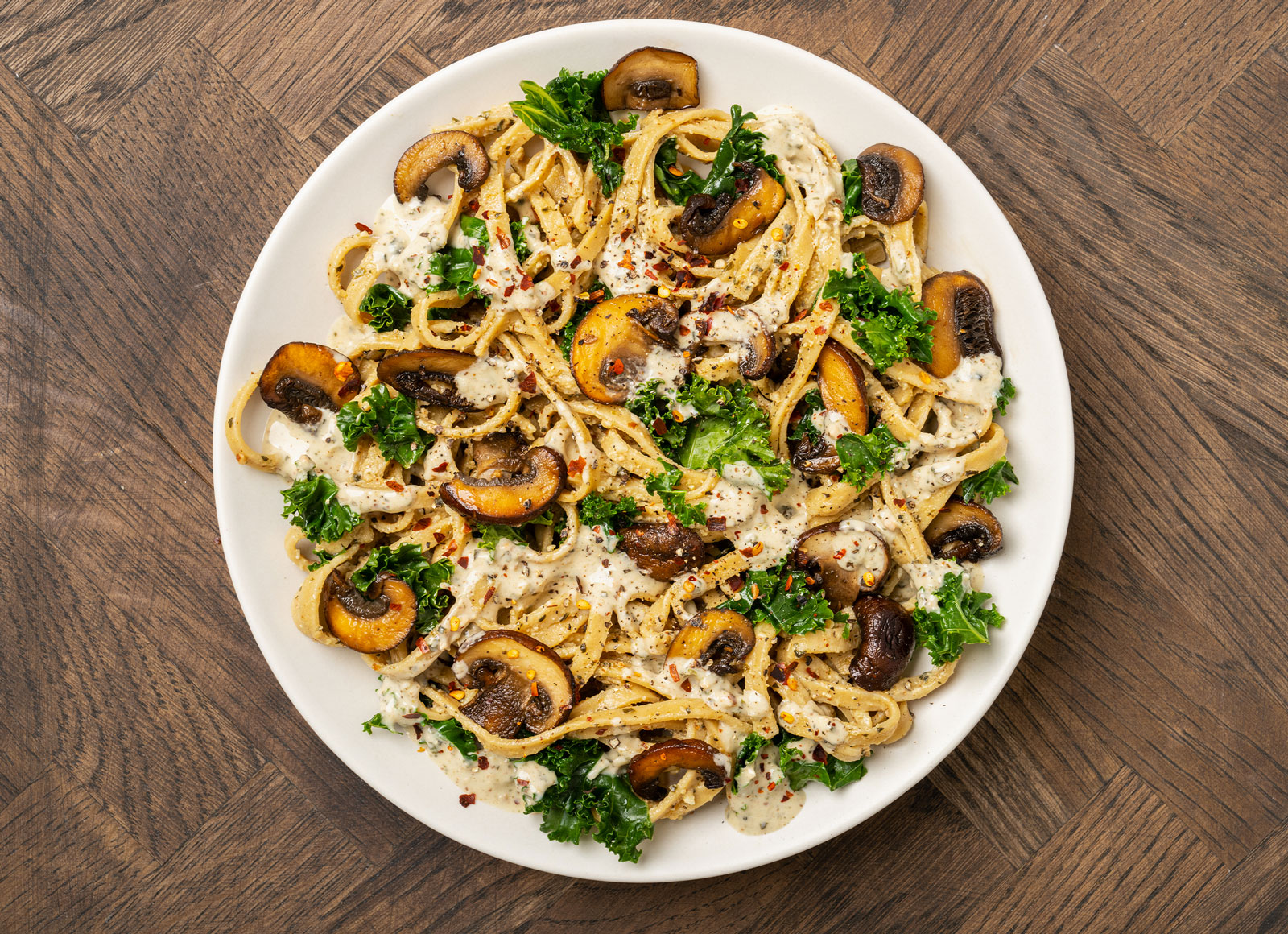 Creamy Spinach Artichoke + Mushroom Linguine