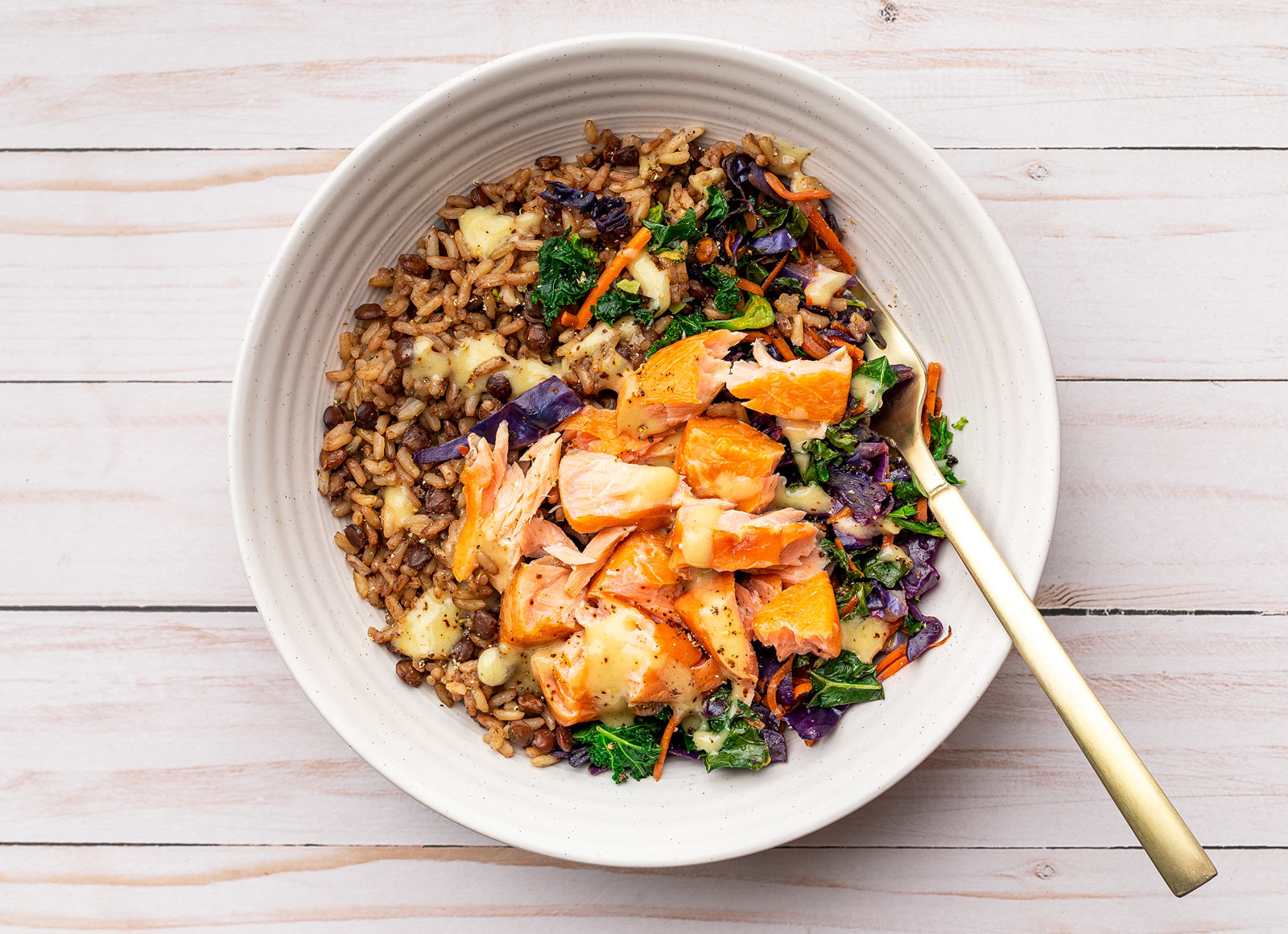 Smoked Salmon Rainbow Protein Bowl with Lentil Quinoa Rice Mix