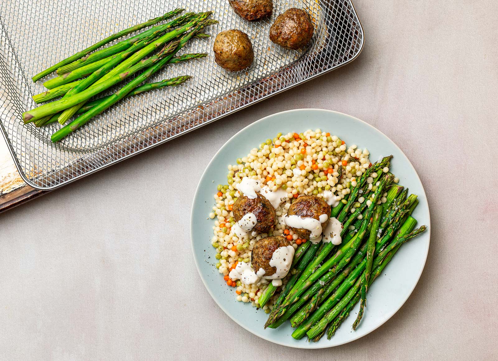 Air Fryer Turkey Meatballs + Asparagus with Couscous with Classic Alfredo
