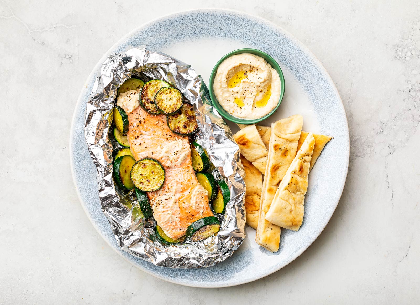 Roast + Ready Salmon + Veggies with Toasted Naan with Lemon Garlic Hummus