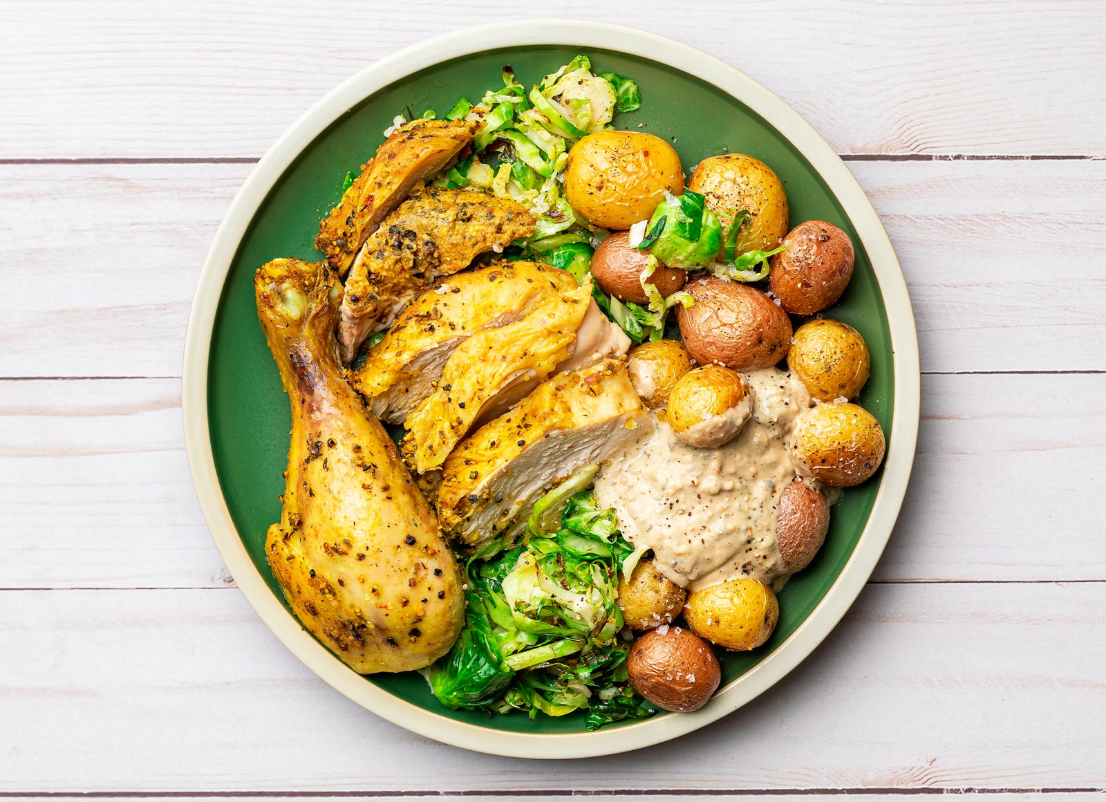 Juicy Chicken with Roasted Potatoes + Brussels