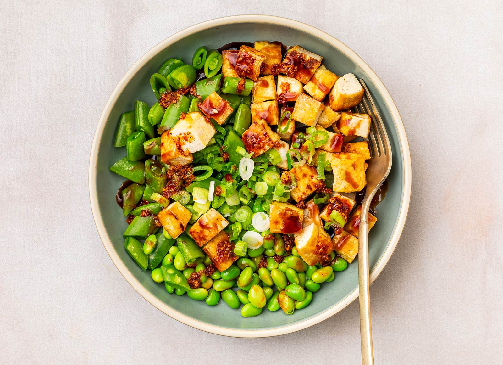 Sweet Chili Crunch Sugar Snap Salad + Saucy Tofu Nuggets