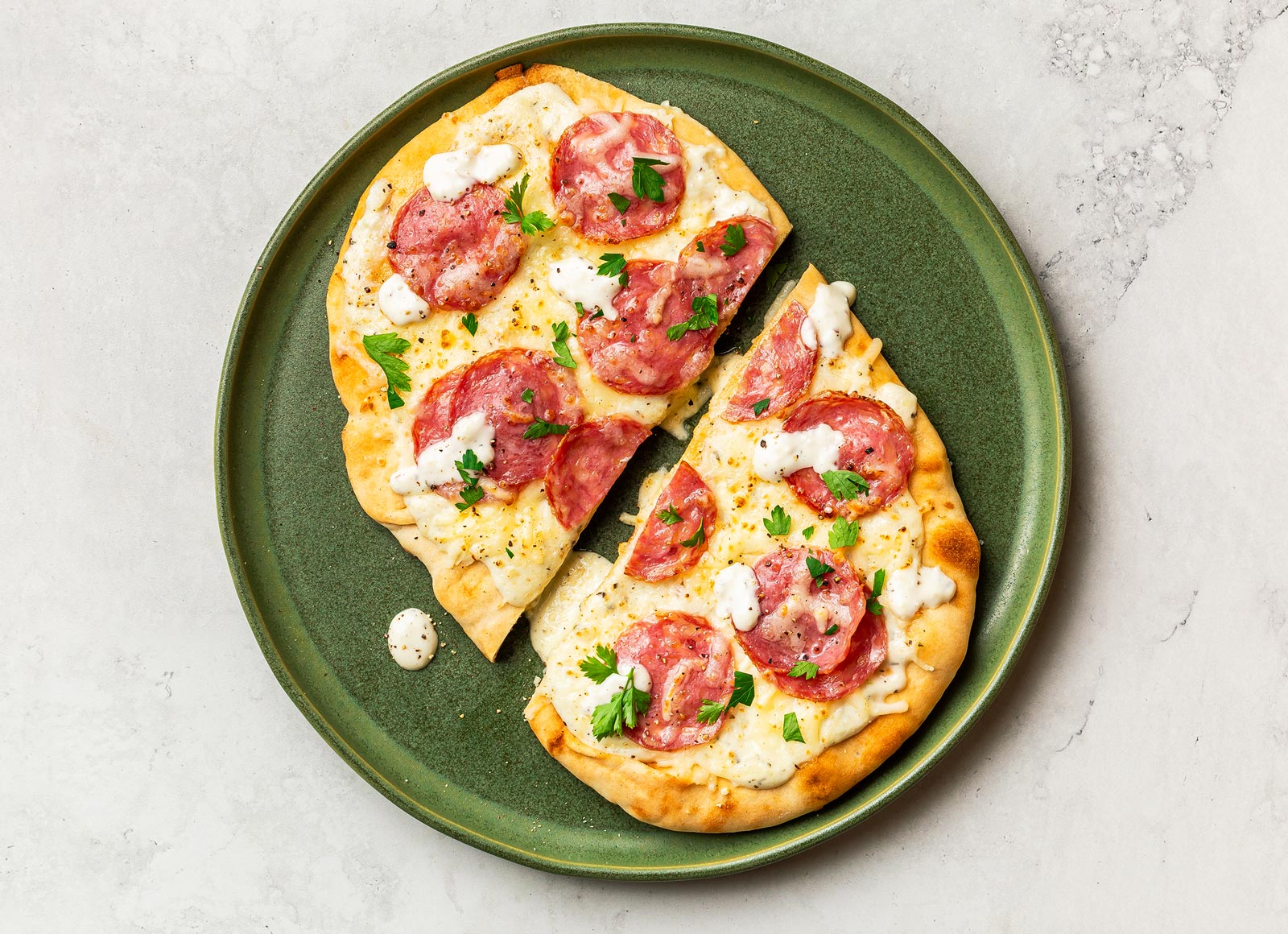 Cheesy Garlic + Salami Naan Flatbread with Shredded Mozzarella Cheese