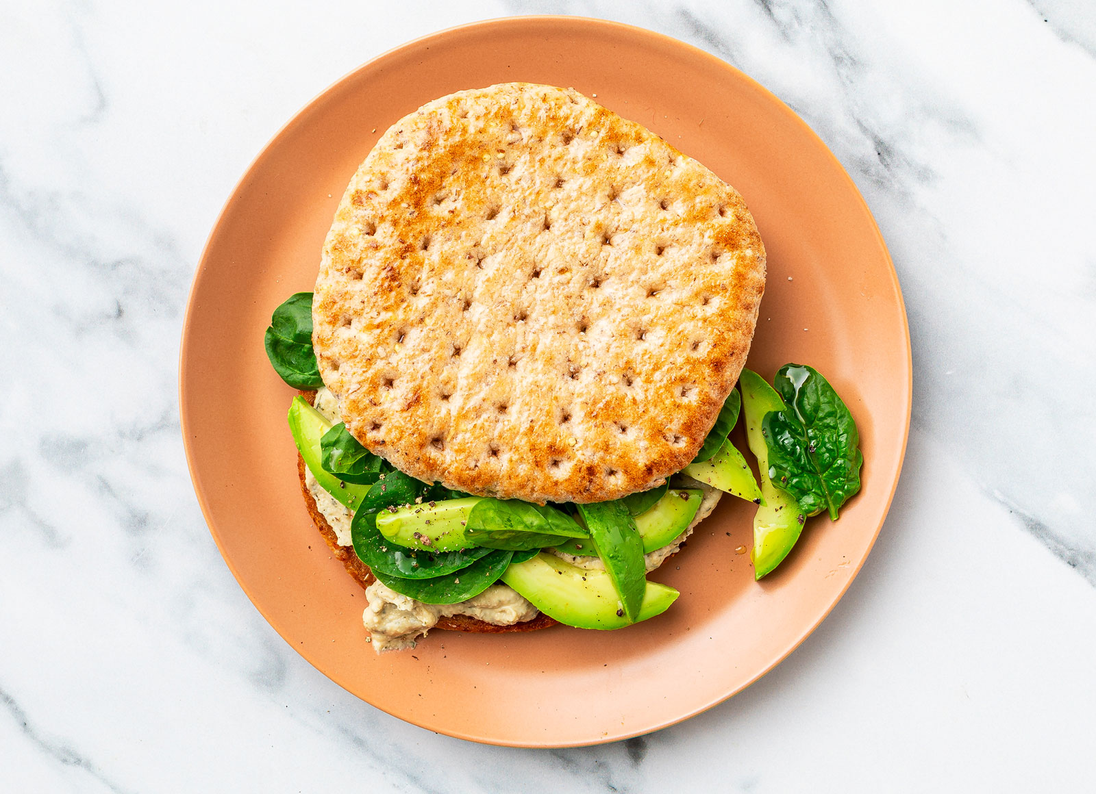 Lemon Dill Hummus + Avocado Sandwich with Baby Spinach