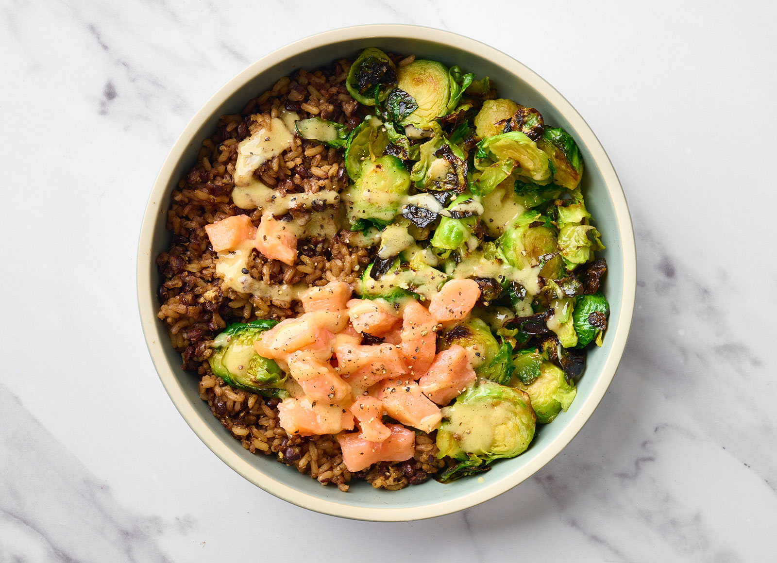 Poké Salmon + Brussels Protein Bowl with Lentil Quinoa Rice Mix