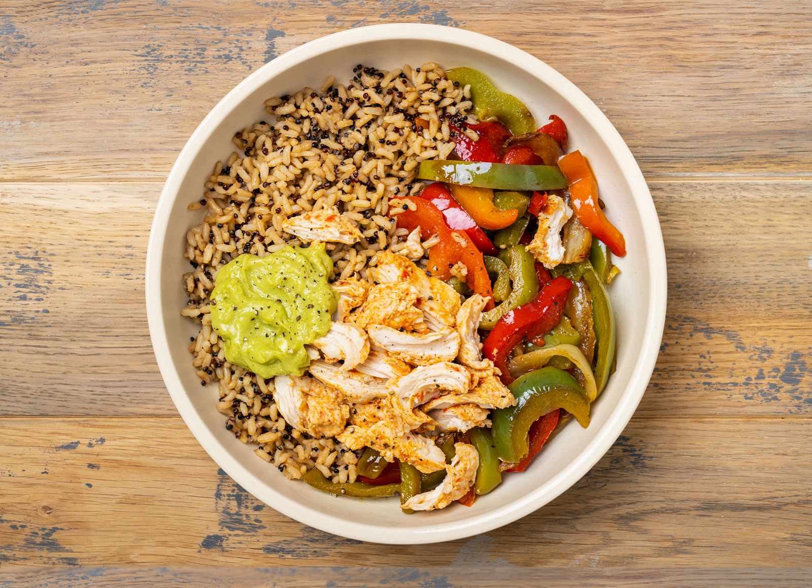 Herby Avocado Chicken Fajita Rice Bowl