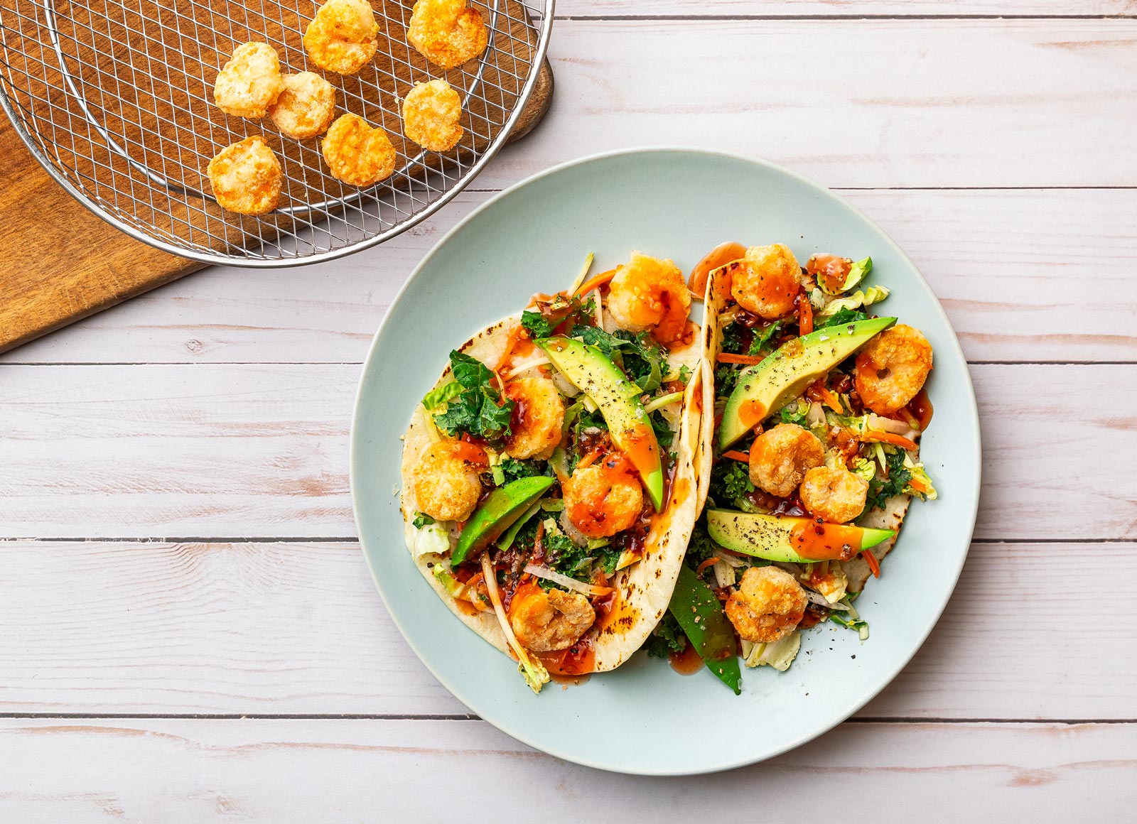 Air Fryer Crispy Sweet Chili Lime Dipping Cup Shrimp Tacos