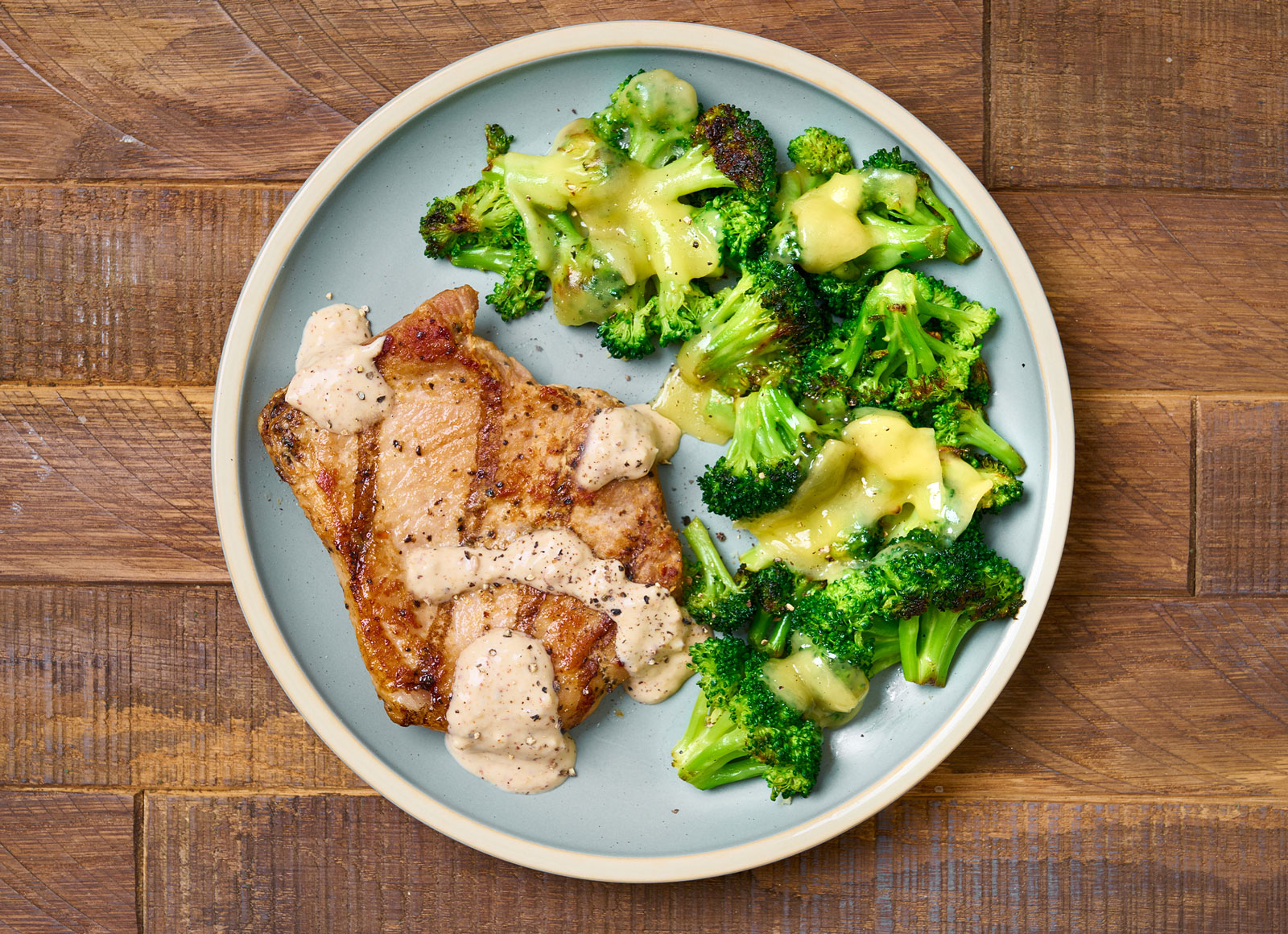 French Onion-Smothered Grilled Boneless Pork Chops + Cheesy Broccoli Florets
