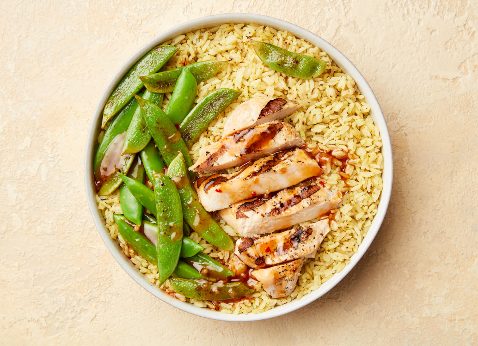 Gingery Chicken + Pea Snaps Jasmine Rice Bowl
