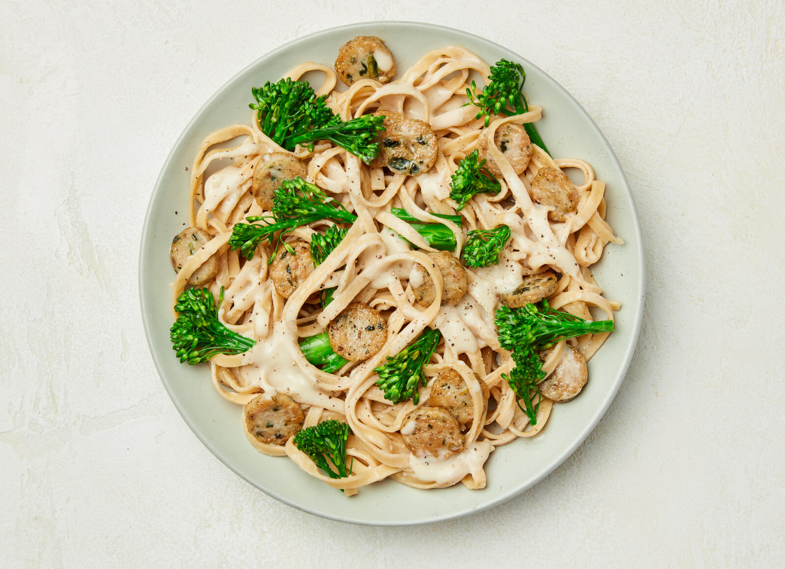 Creamy Garlic Chicken Sausage + Broccoli Linguine