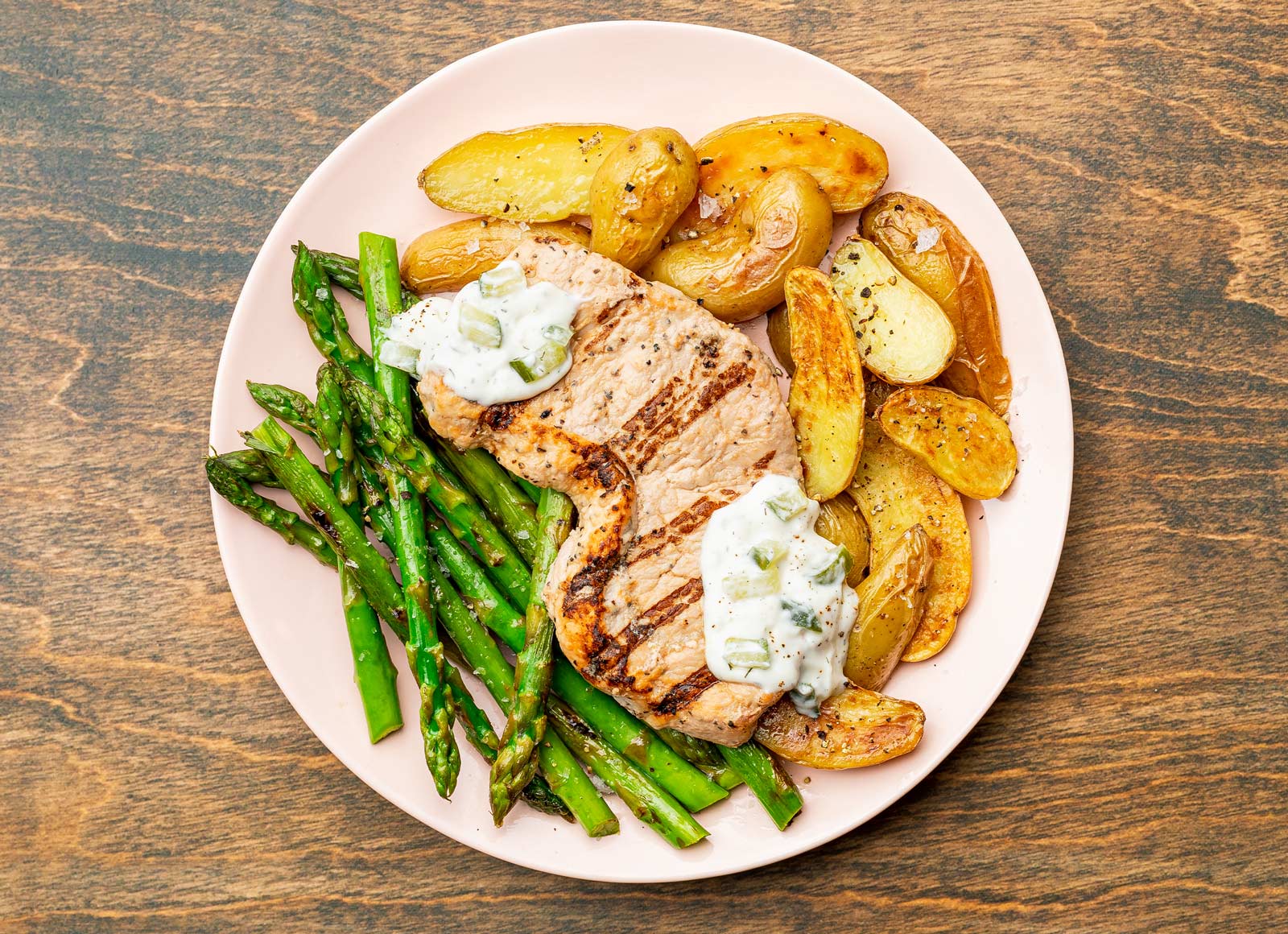 Grilled Pork Chops + Asparagus Spears with Feta Cucumber Tzatziki Dip