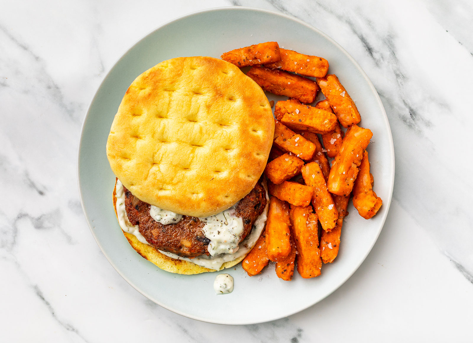 Tzatziki Black Bean Burger with Sweet Potato Fries