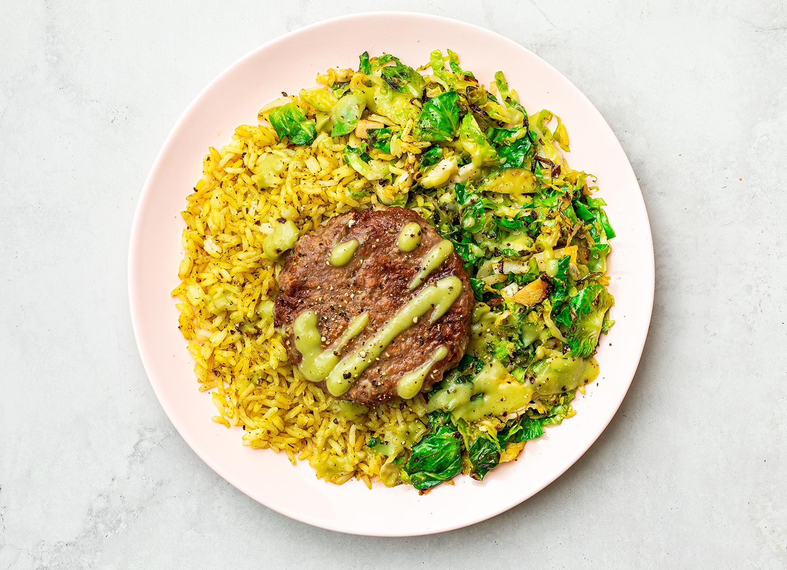 Bunless Beyond Burger + Guac Plate with Seasoned Jasmine Rice