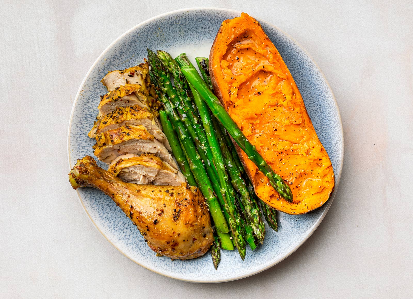 Juicy Lemon Pepper Chicken with Asparagus + Sweet Potato