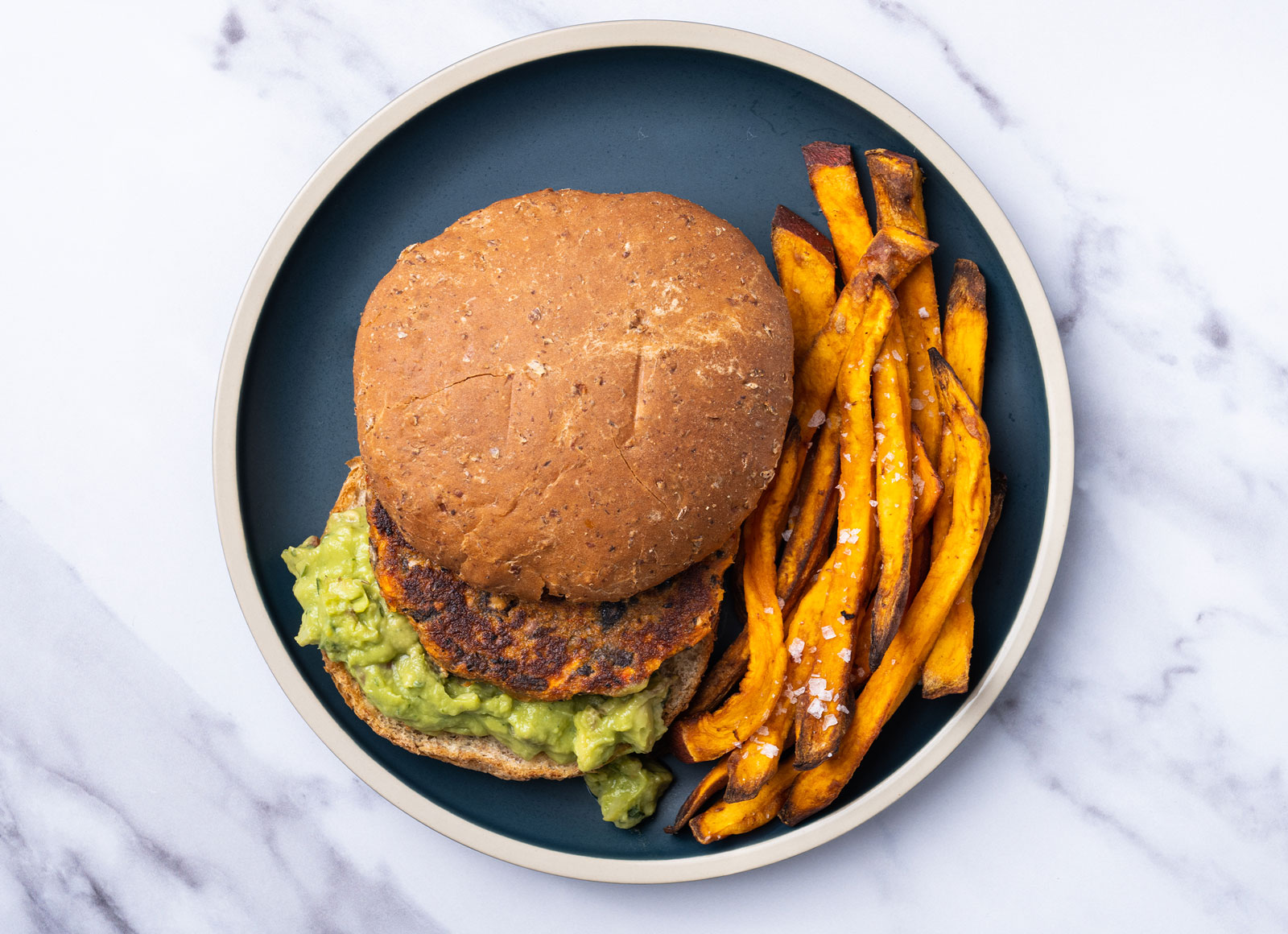 Black Bean Guac Sprouted Whole Grain Burger Buns + Sweet Potato Fries