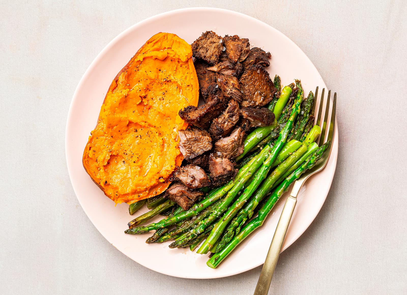 Beef Short Ribs with Baked Sweet Potatoes + Asparagus