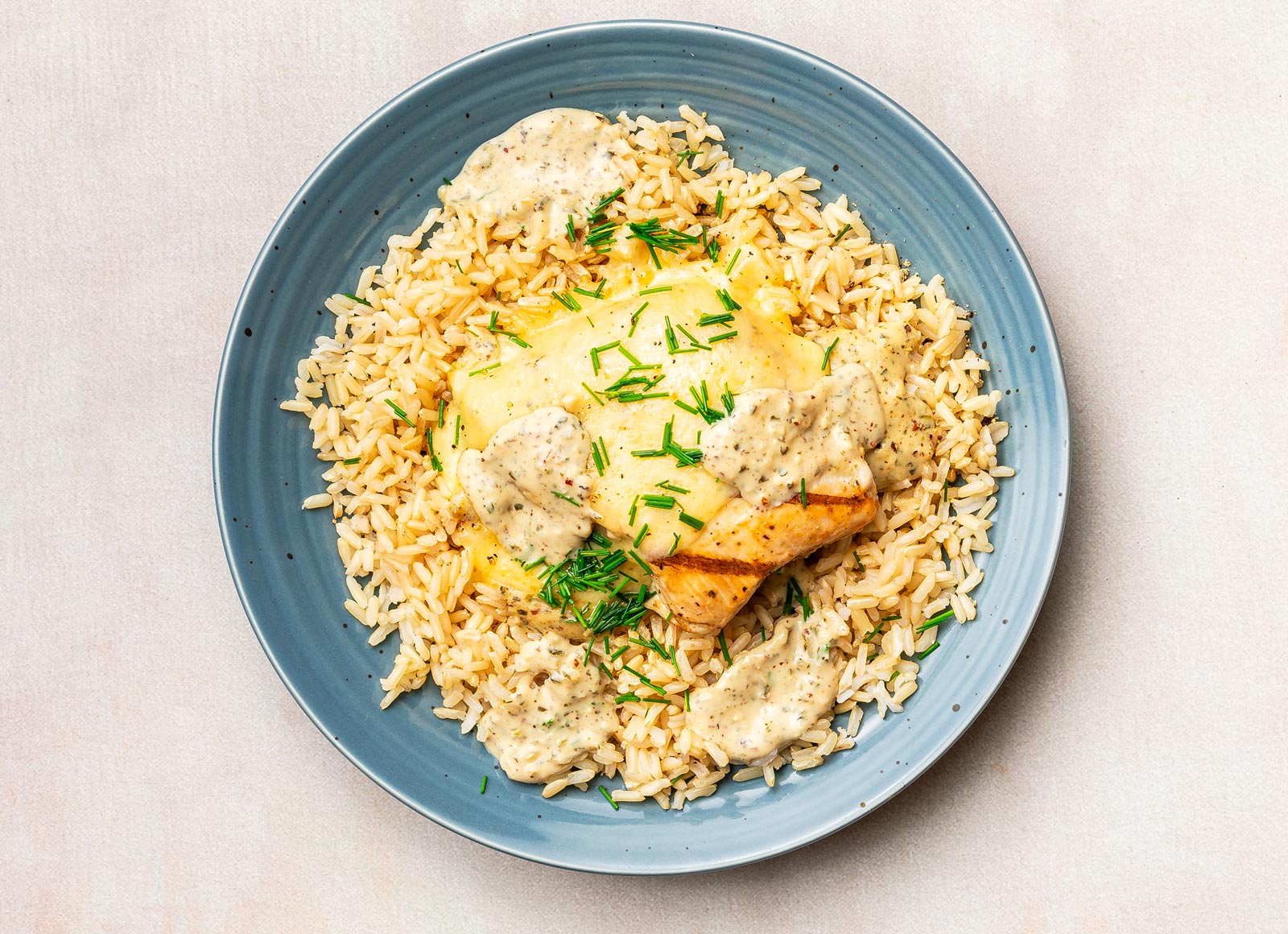 Cheesy Spinach Artichoke Seasoned Grilled Chicken Breast + Brown Rice