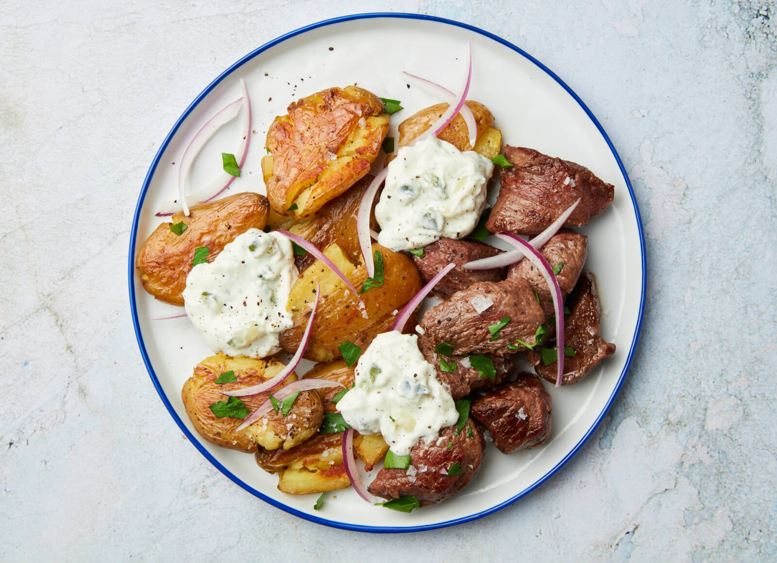 Taverna-Style Beef Tips + Smashed Multicolored Creamer Potatoes