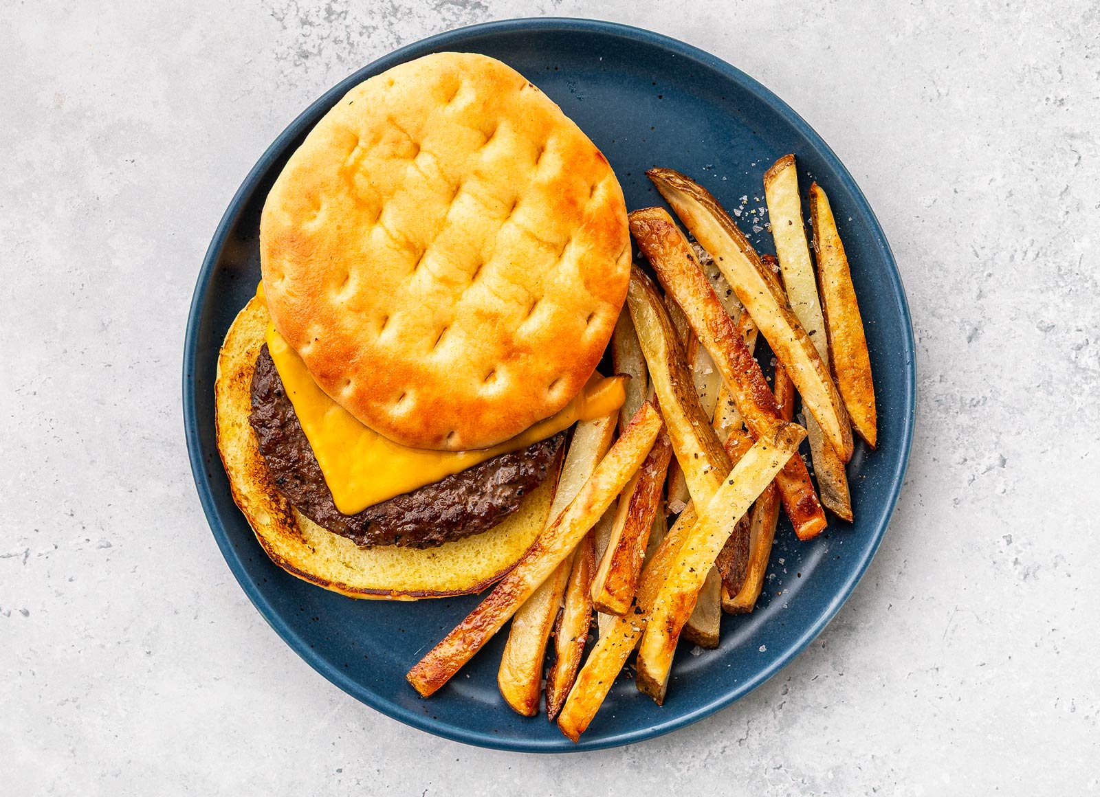 Juicy Cheddar Cheeseburger + Oven Fries
