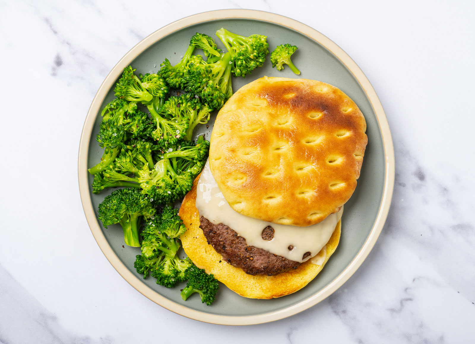 Swiss Burger + Roasted Broccoli Florets