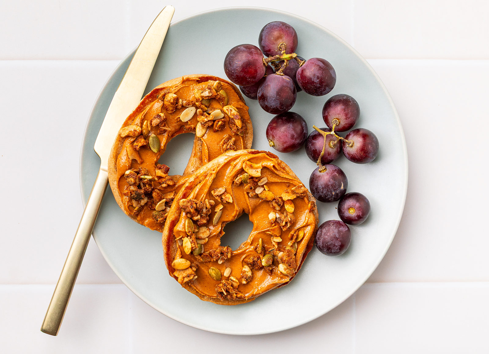 Peanut Butter Bagels with Grapes + Granola