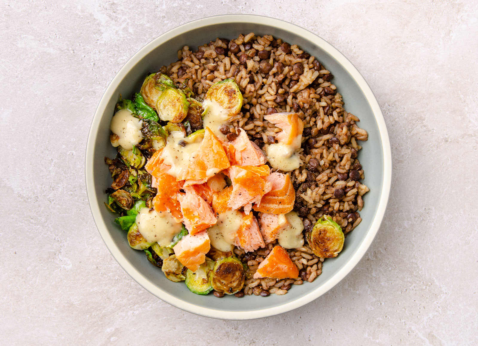 Roasted Salmon + Brussels Protein Bowl with Lentil Quinoa Rice Mix