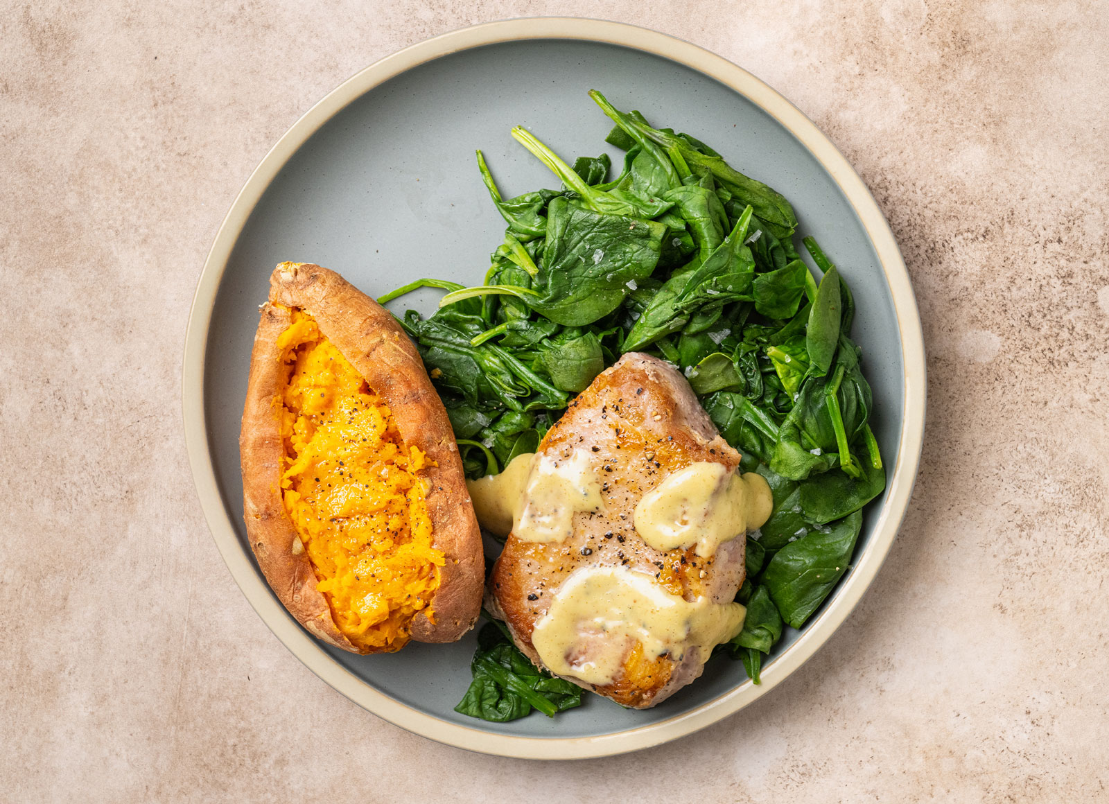 Honey Mustard Pork Chop + Sweet Potato with Baby Spinach