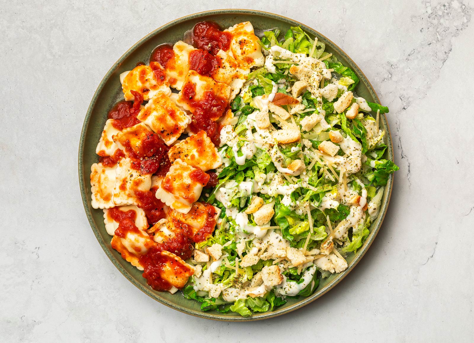Four Cheese Ravioli with Marinara + Caesar Salad