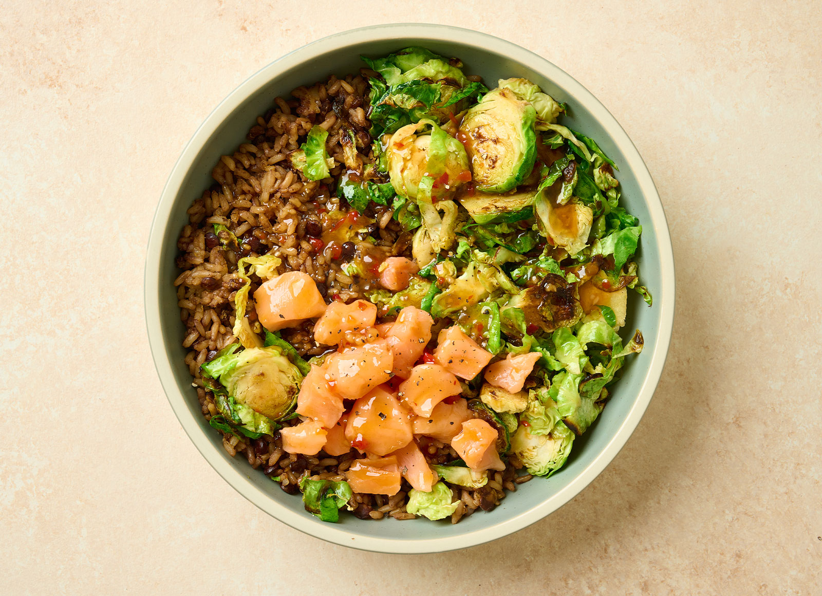 Gingery Poké Salmon + Brussels Protein Bowl with Lentil Quinoa Rice Mix