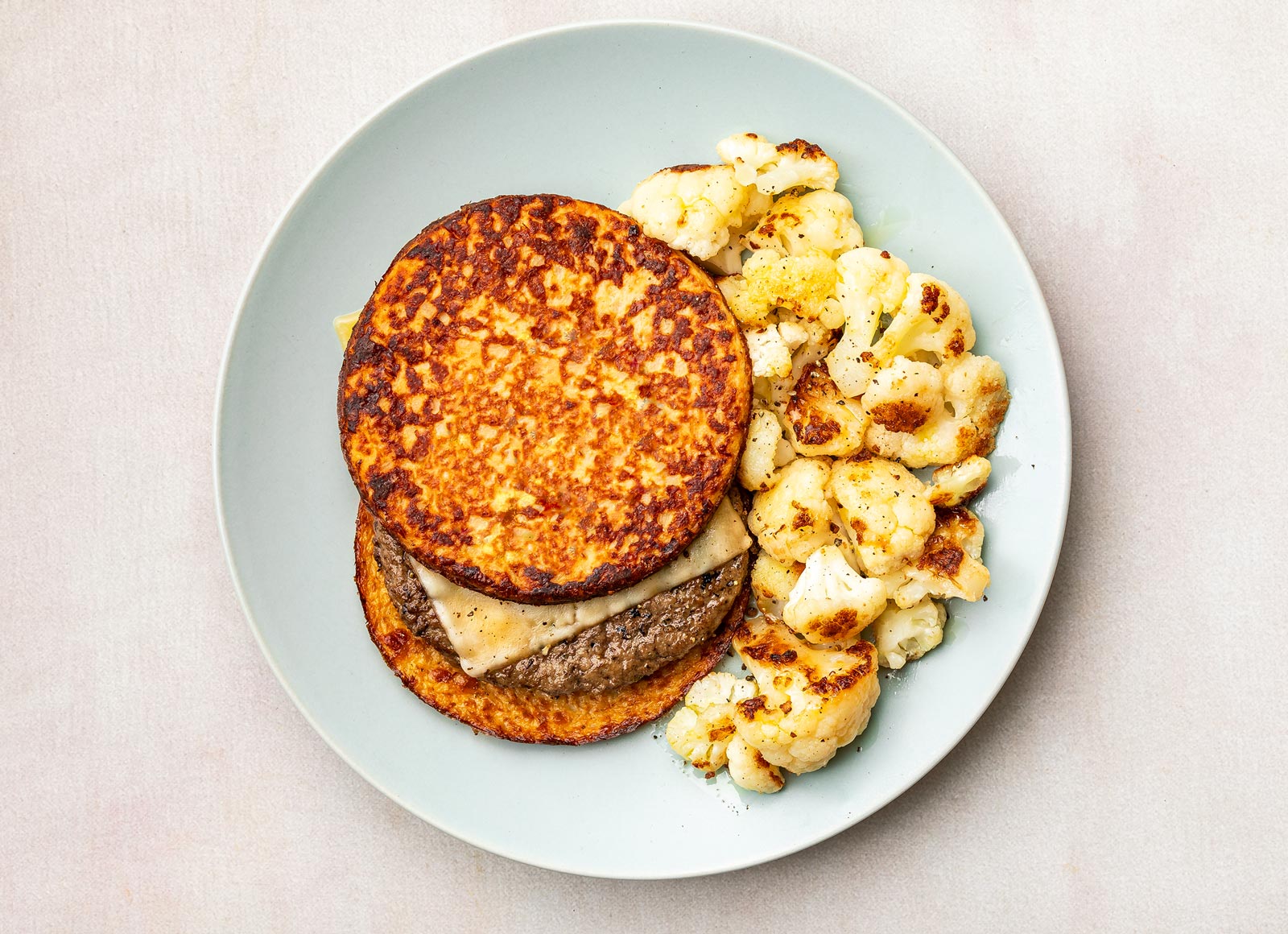 Low-Carb Gouda Cheeseburger + Cauliflower with Ground Beef Patties