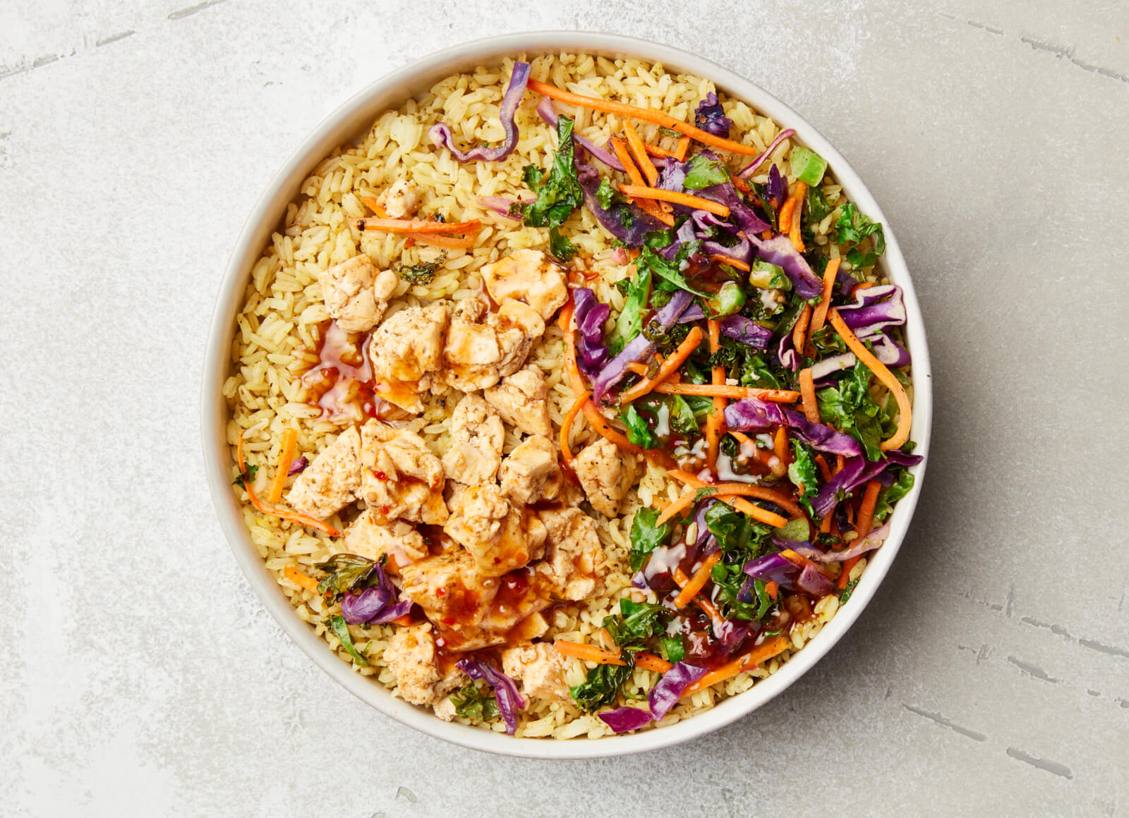Gingery Spiced Tofu + Rainbow Veggie Rice Bowl