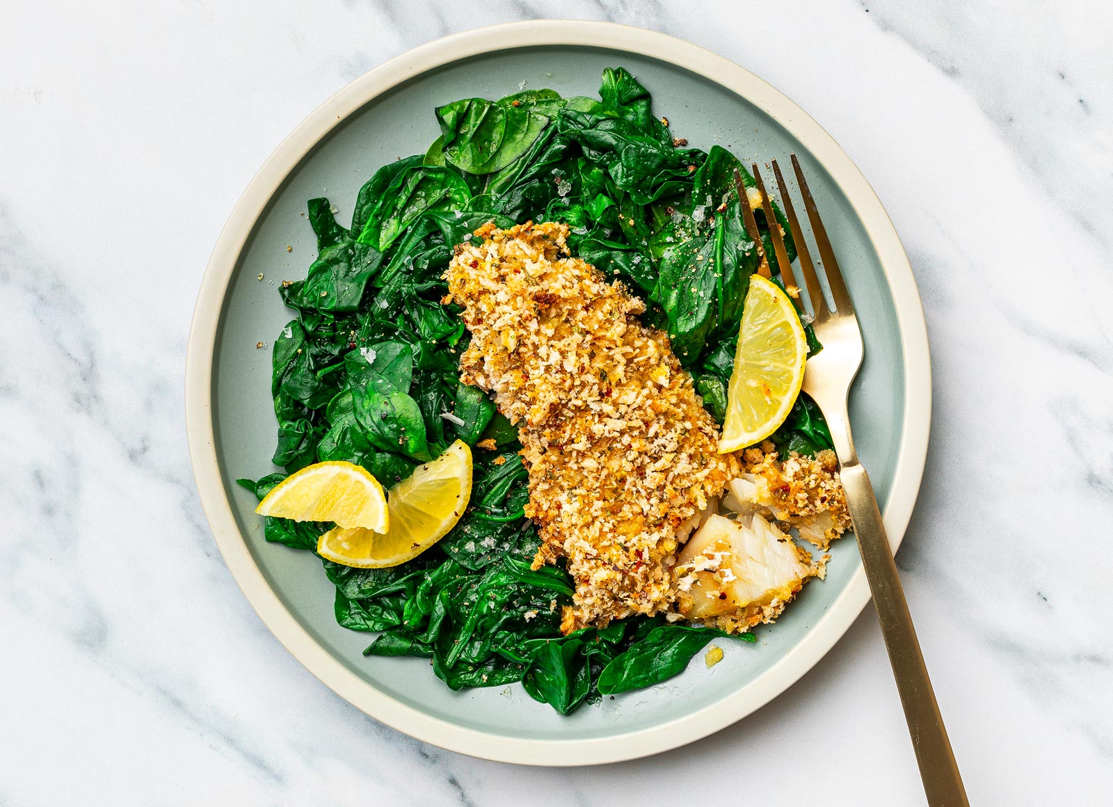 Lemony Herb Crusted Cod + Baby Spinach