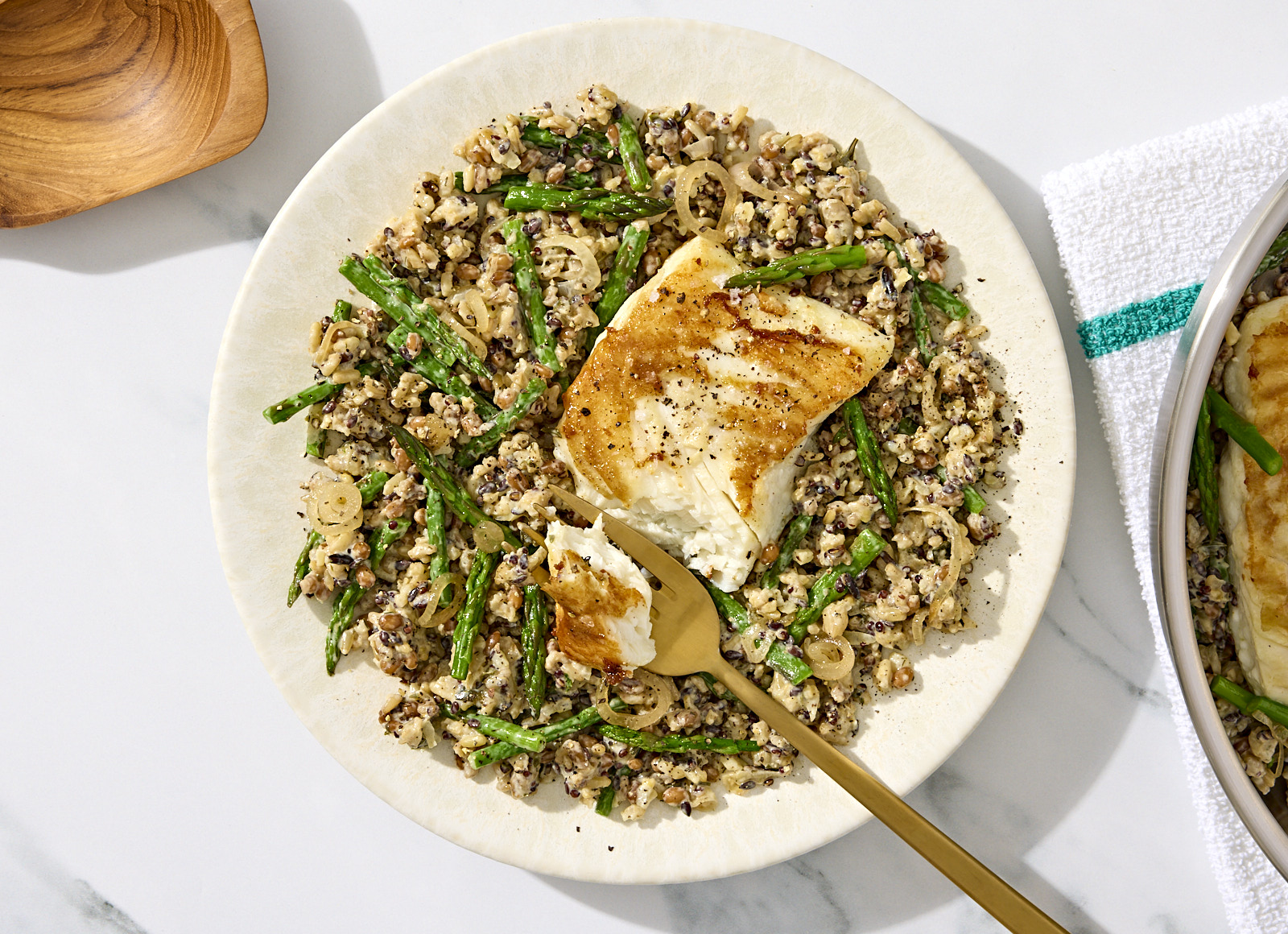 One-Pan Creamy Herb Halibut with Asparagus + Hearty Grains