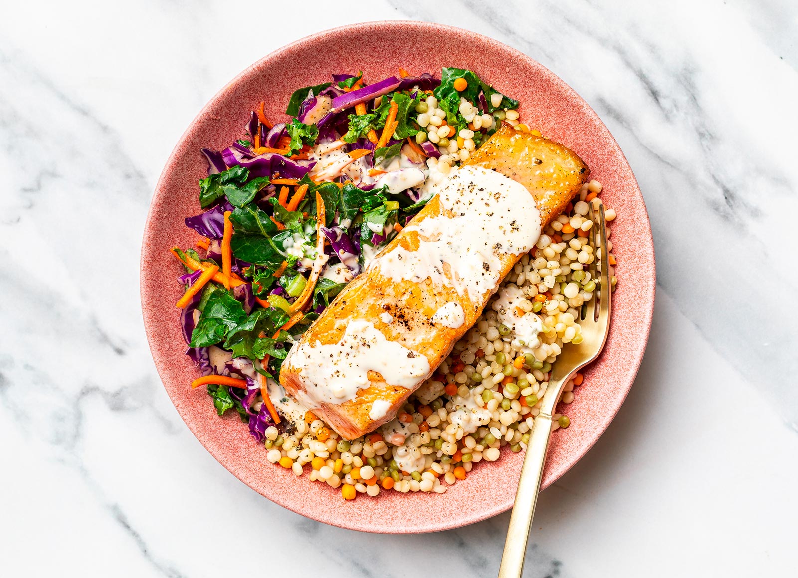 Creamy Asiago Salmon + Rainbow Couscous