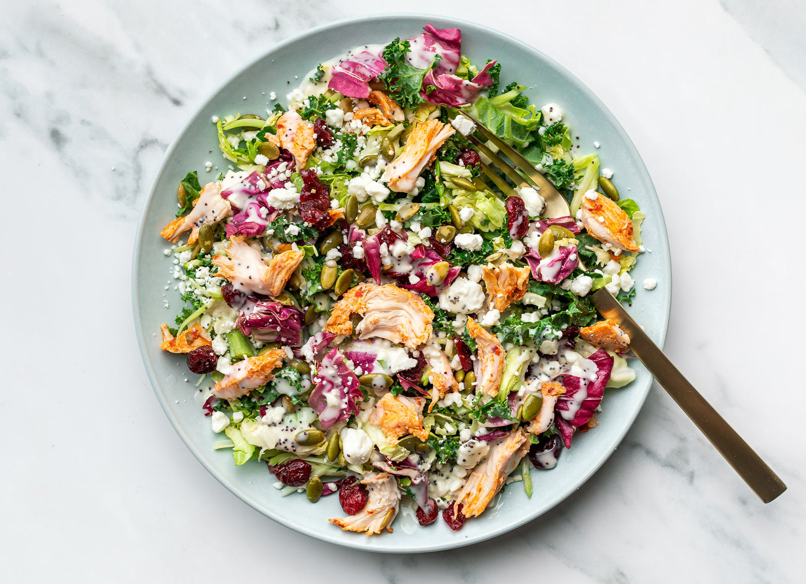 Chile Chicken Sweet Kale Salad with Goat Cheese